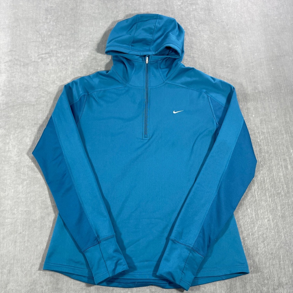 Nike Dri Fit Mens XL Blue Long Sleeve Quarter 1/4 Zip Hooded‎ Athletic Jacket